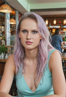 at a restaurant, long hair, pastel tones, photo taken on 50mm lenses, high-res, arms below, bright smile, makeup, cocktail