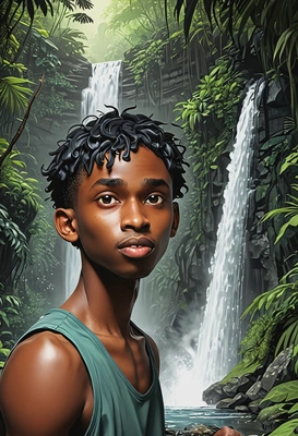 near a hidden waterfall in a lush jungle, anime style, big eyes, manga drawing