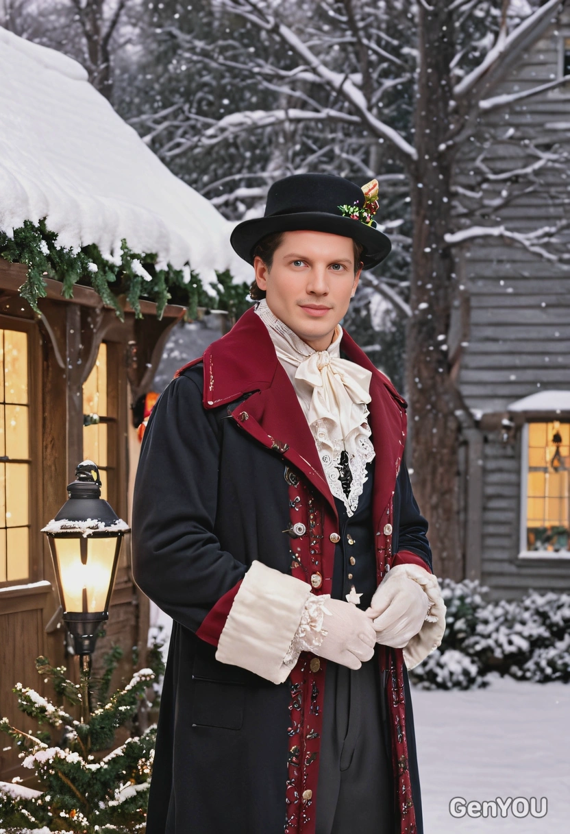 dressed as a Victorian caroler, wearing a vintage-style holiday coat and bonnet, standing in front of a snow-covered cottage with a lighted Christmas tree inside, mid shot photo 