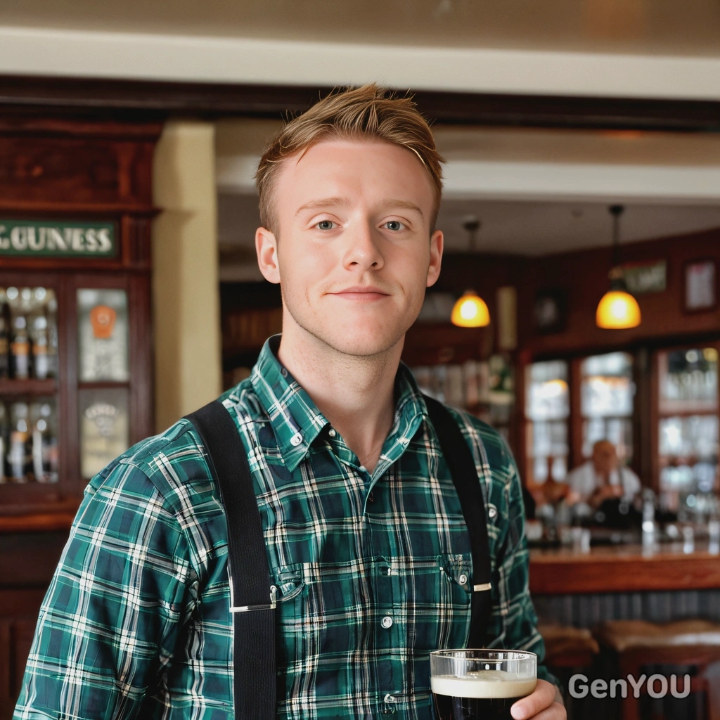 in a green plaid shirt and suspenders, raising a pint of Guinness in a cozy Irish pub, blurred background, soft focus. sharp skin texture, good indoor lighting, looking at viewer