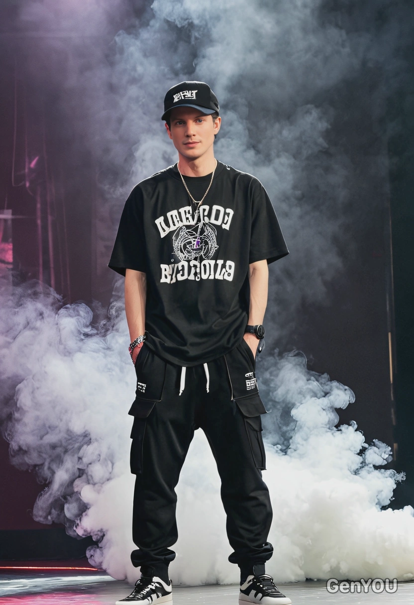 as a K-pop rapper, wearing a black snapback and a trendy oversized t-shirt with joggers, performing on stage with flashing lights and smoke machines