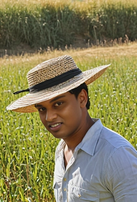 wearing a straw hat, walking through a sunlit meadow