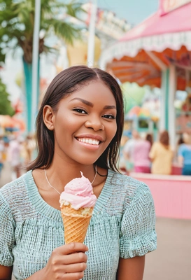 with an ice cream at amusement park, pastel colors, blurred background, looking happy