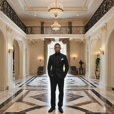 standing in the grand entryway of a palatial mansion
