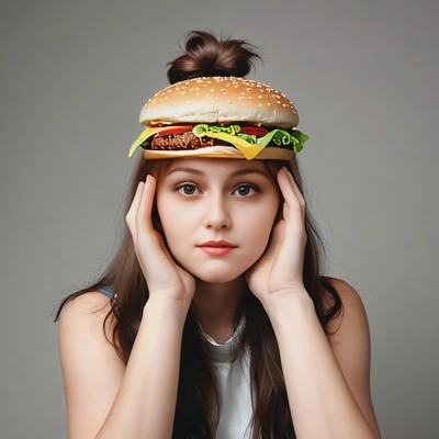 holding a hamburger as big as my head, with no emotion