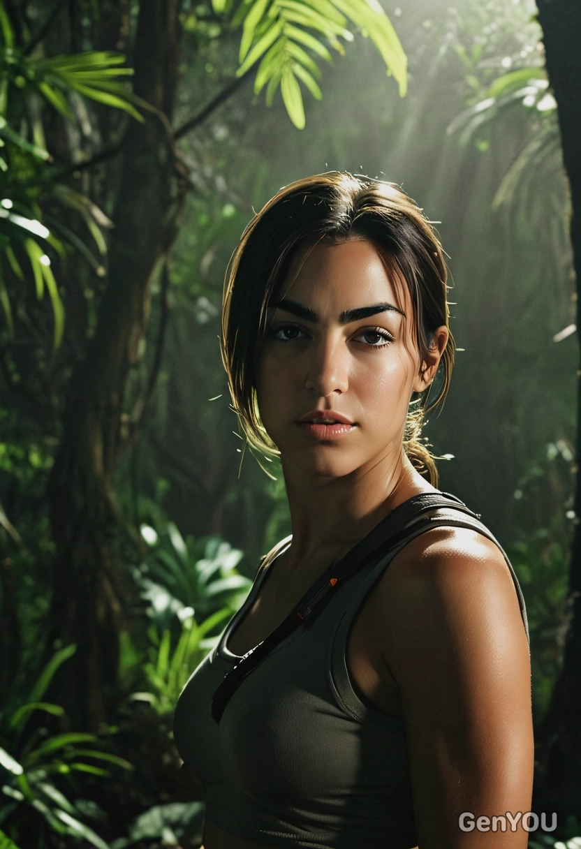 as Lara Croft, standing in the jungle, confindent, dark light, portait, blurred background, movie still