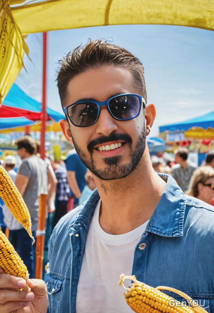 with a fried corn, at the fair, spring outfit, bright sunlight, sunglasses, blurred background, blue tones
