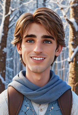3D Disney style, smiling Flynn Rider from Disney’s "Tangled," oversized cartoon big sparkling eyes, waist-up portrait, snowy forest background