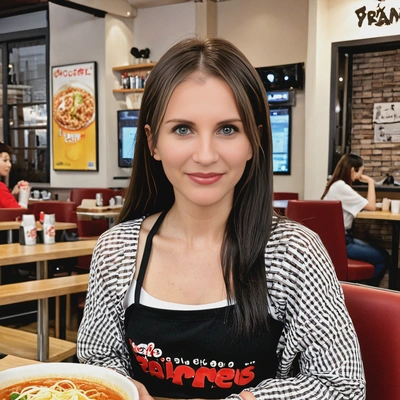 K-pop fan at trendy ramen cafe, linkedin headshot