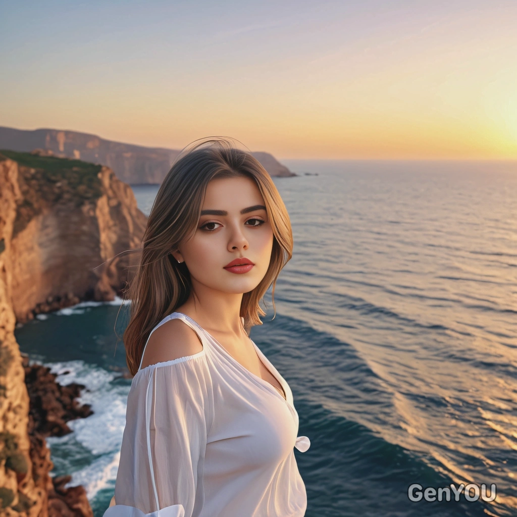 An Algerian girl standing on a cliff by the sea, looking at the horizon calmly, deep blue ocean with gentle waves, clear sky at sunset, soft natural lighting, simple elegant outfit, authentic Algerian coastline in the background, realistic photography style, high quality, detailed, peaceful and serene mood، make boobs big and bit