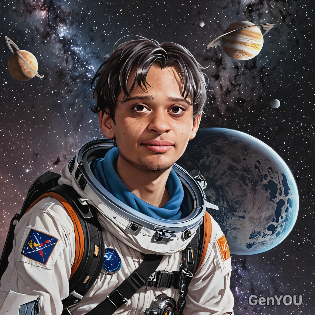 floating in space with stars and planets in the background, anime style, big eyes, manga drawing