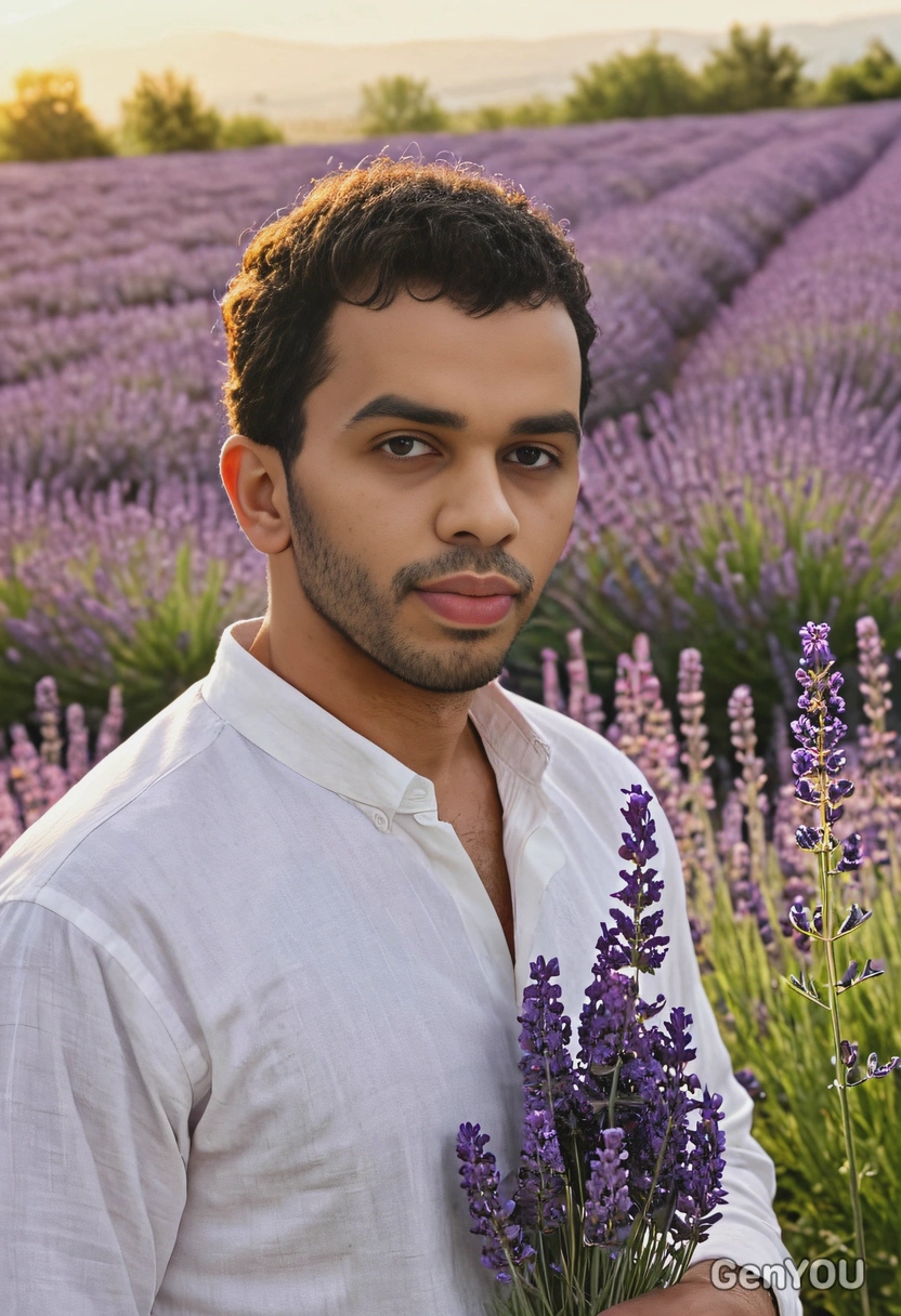 a man standing alone through a field of lavender, gently through the flowers as the sun sets in the distance, look at the camera, half body portrait 