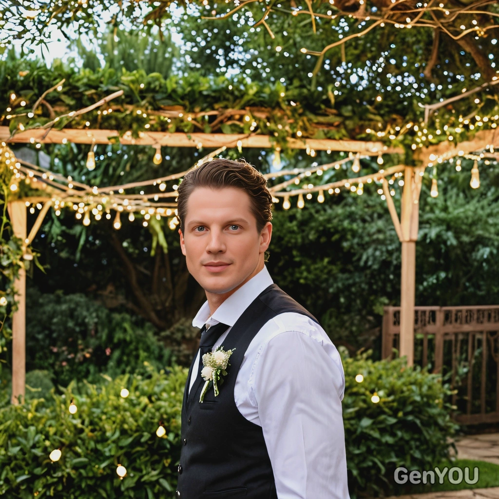 as the groom standing under a canopy of fairy lights in a beautifully decorated outdoor garden, mid shot photo