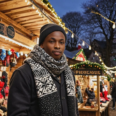 next to a Christmas market stall, wearing a cozy scarf and mittens, with festive lights twinkling in the background
