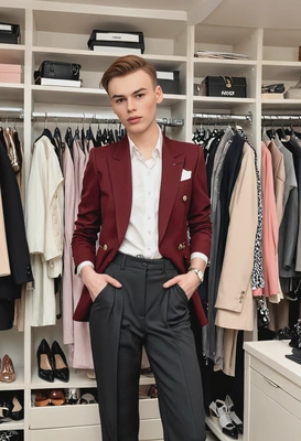 as a fashion stylist, wearing a chic blazer and high-waisted trousers, standing in a luxurious dressing room filled with racks of high-end clothing and accessories