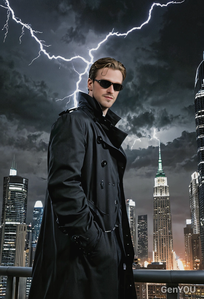 as a cosplayer of Neo from the Matrix, dressed in long black trench coat, wearing sunshades, flying above skyscrapers, dark night, big lightning over horizon, looking directly at center, high-quality cinematographic style