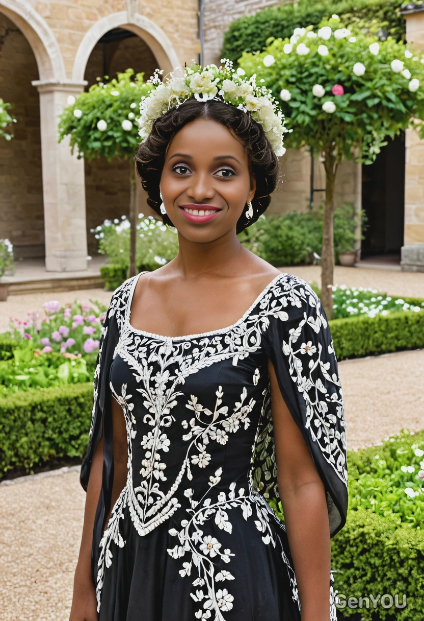 a princess in a garden, wearing a flowing gown and a delicate crown of flowers, standing in the royal courtyard, half body portrait 