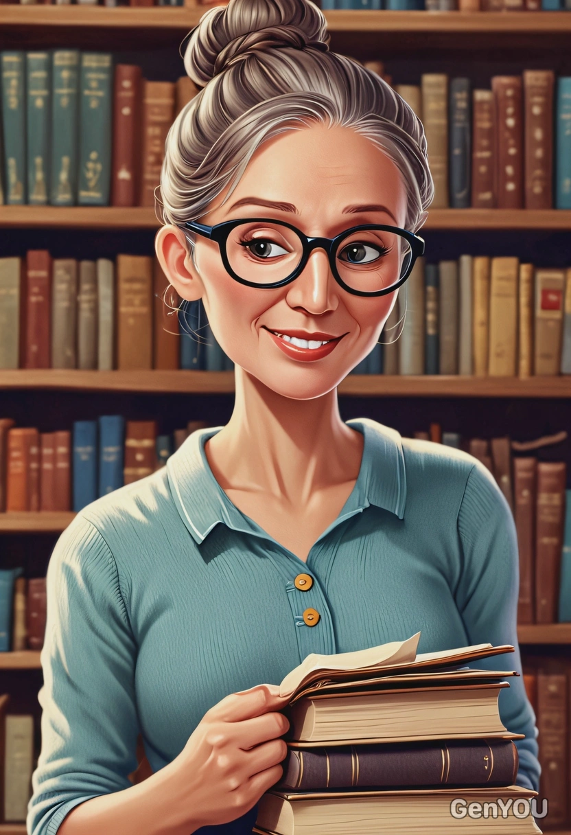 @me as a librarian, hair in a bun, wearing glasses, holding a stack of old books, a quiet library, eyes down, reading, symmetrical clothing details, smiling with mouth closed, cartoon style, high-quality stylized art