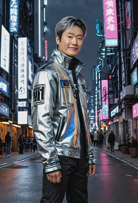 as Taeyong from NCT, wearing a futuristic silver jacket and black pants, standing in a cyberpunk cityscape with glowing signs all around