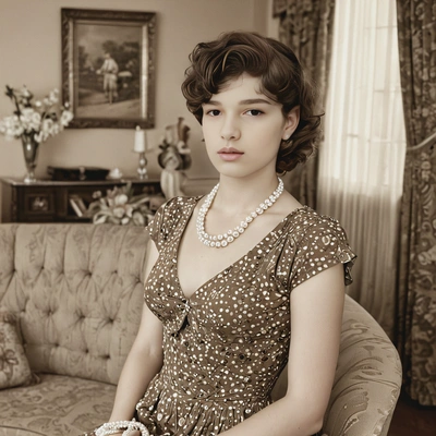 posing in a 1940s living room, wearing a vintage dress and pearls, with a sepia effect enhancing the warm
