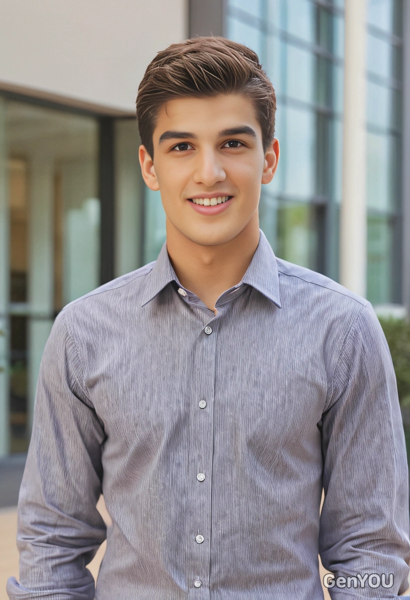 as a businessman at the business school, wearing a crispy shirt, blurred background