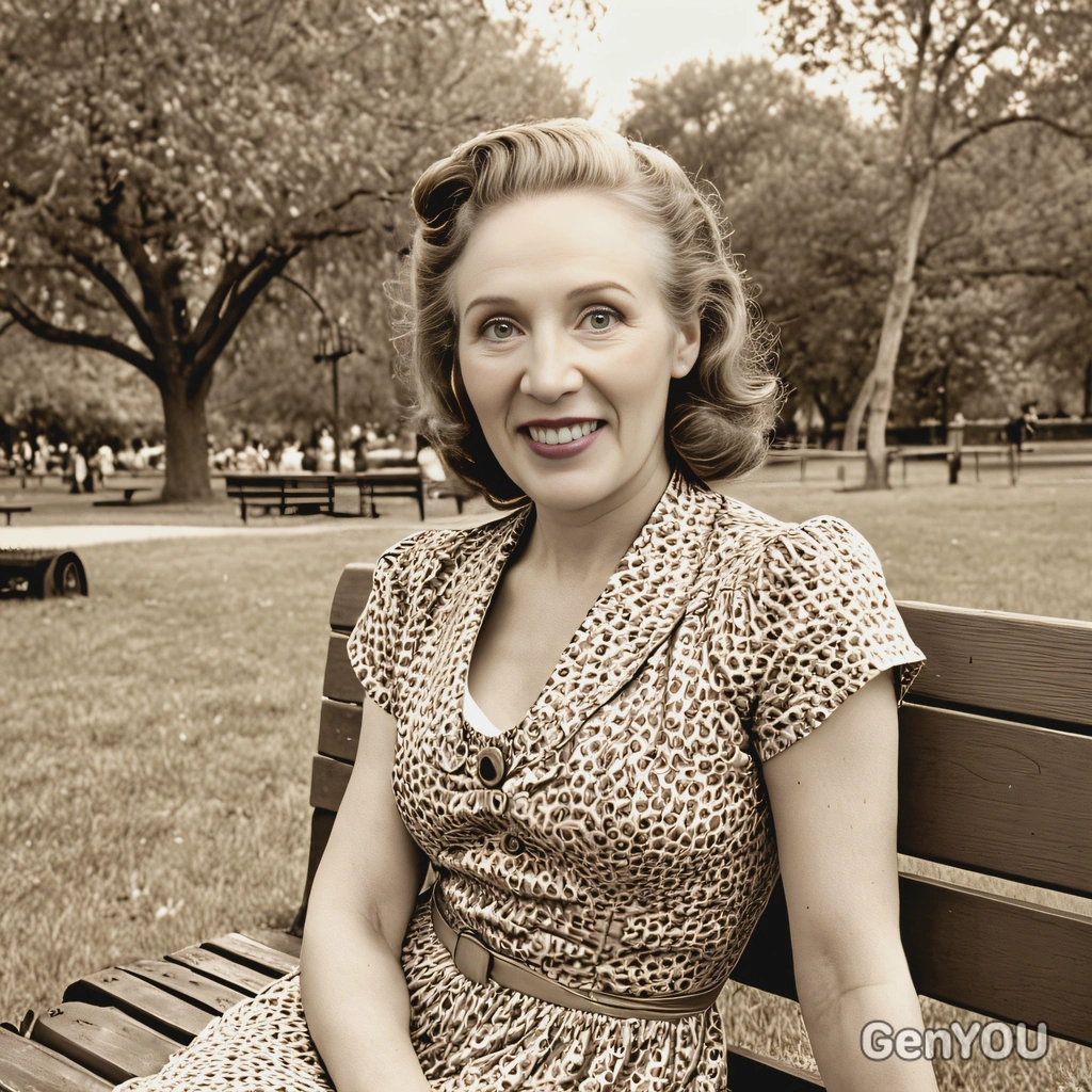 in a 1940s tea dress, sitting on a park bench, faded sepia tones