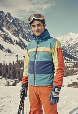 Faceless portrait in 1970s retro ski wear, standing in mountains