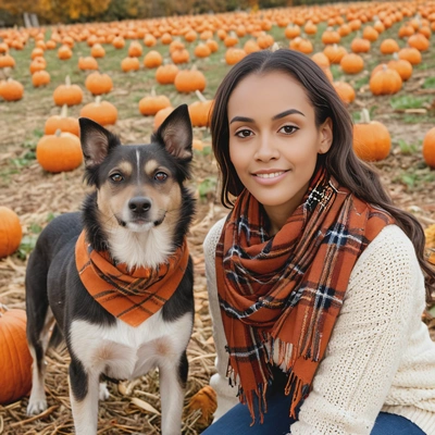 posing with her dog among pumpkins at a pumpkin patch, both wearing matching autumn scarves, soft focus, blurred background 