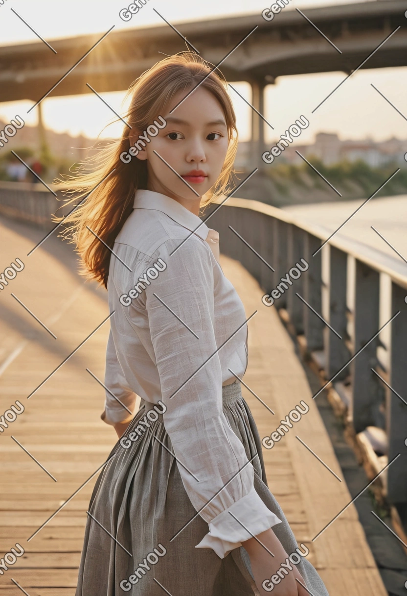 Sharp focus on face skin texture, crossing the river on the bridge, wearing a linen shirt with wide maxi skirt, sunset light, blurry low-rise town background