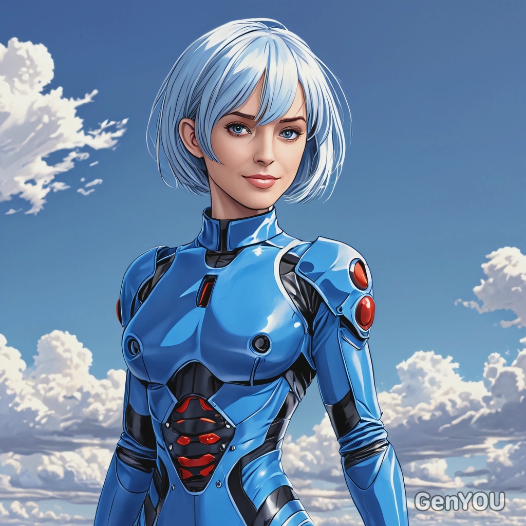 Rei Ayanami standing in her plugsuit, blue sky, anime style, big eyes, manga drawing