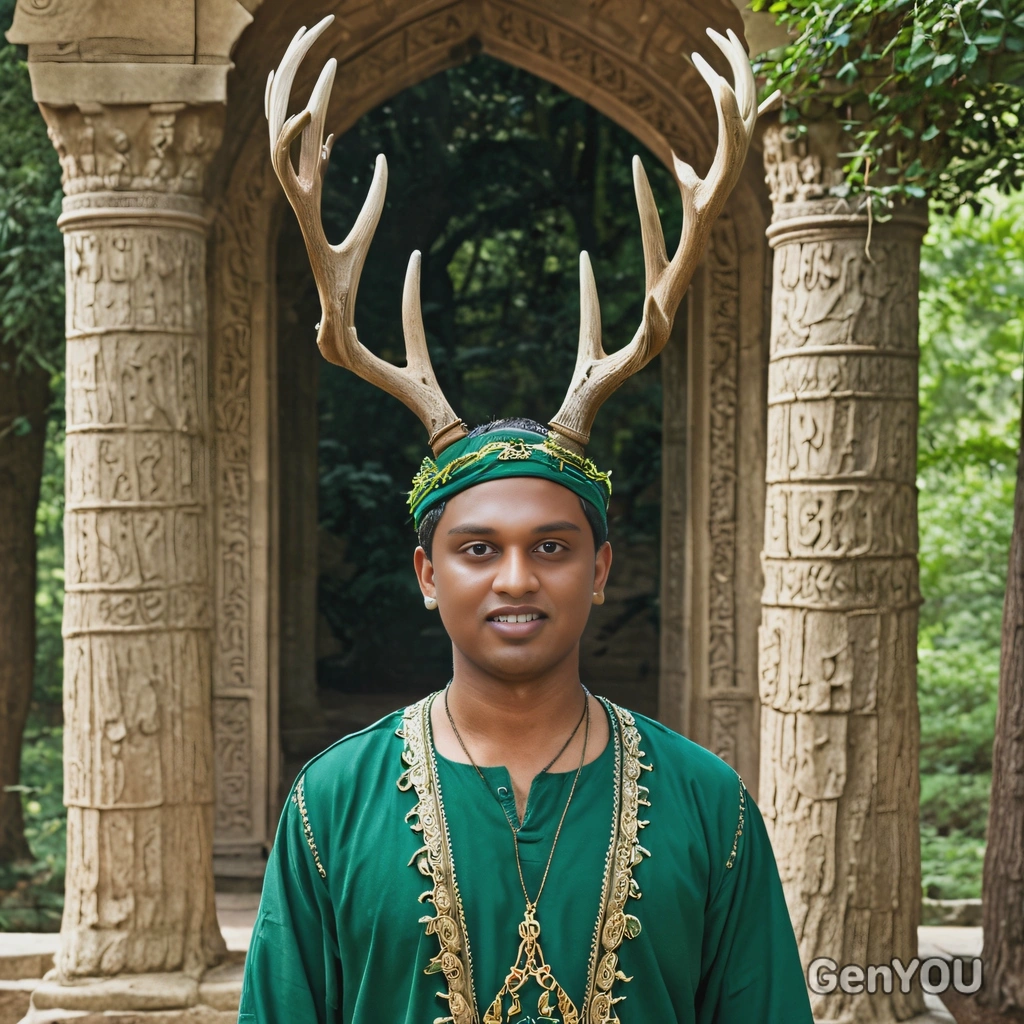 As a forest guardian, wearing a green tunic with antlers, stand vigilantly at the entrance of a mystical woodland temple
