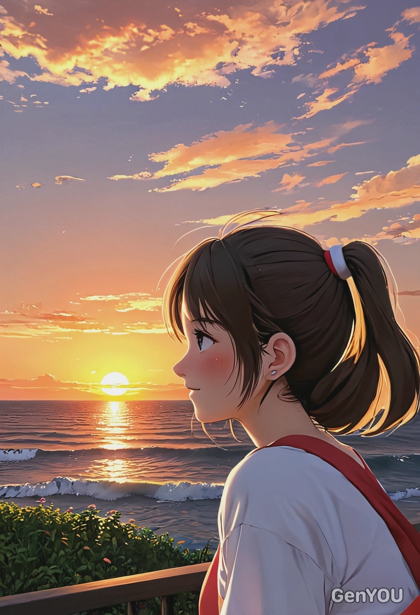 cute anime girl looking at the sunset