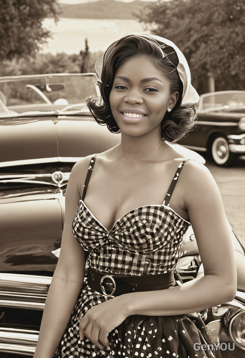 in a 1950s pin-up style outfit, posing by a vintage convertible, captured in sepia, blurred background
