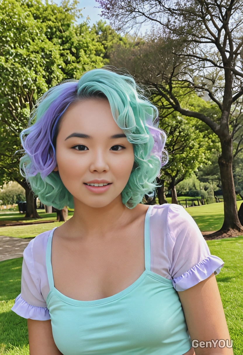 curly bob dyed in pastel mint with bright lavender tips, styled with a playful vibe, set against a cheerful park setting