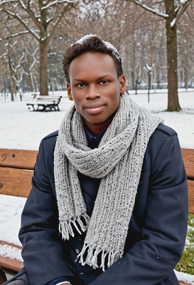 in a scarf and coat, sitting on a bench in snow-covered park 
