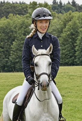 as an equestrian rider, dressed in riding gear with a helmet, holding the reins of a majestic horse, standing in a grassy field