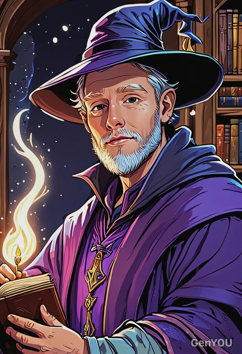 Hand-drawn flat cartoon style, confident wizard, bold ink outlines, bright magical glow lighting, waist-up portrait, enchanted library background