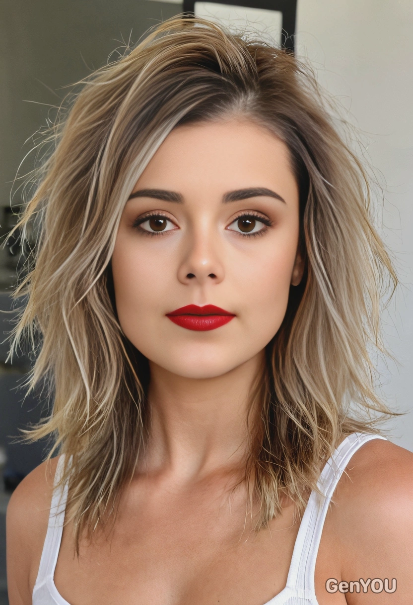 tousled, shoulder-length shag with sandy blonde highlights, soft focus, blurred background