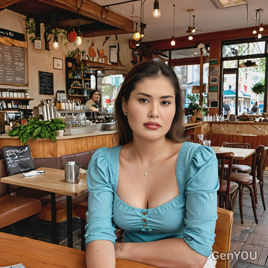 a woman sitting in a quaint café