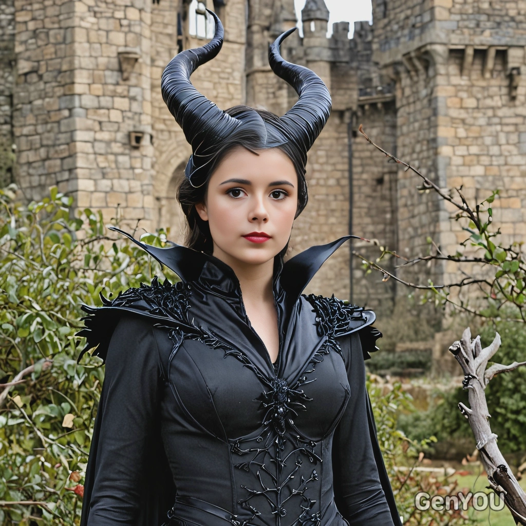 As Maleficent, wearing a dark flowing gown with horned headdress, standing before a thorn-covered castle 
