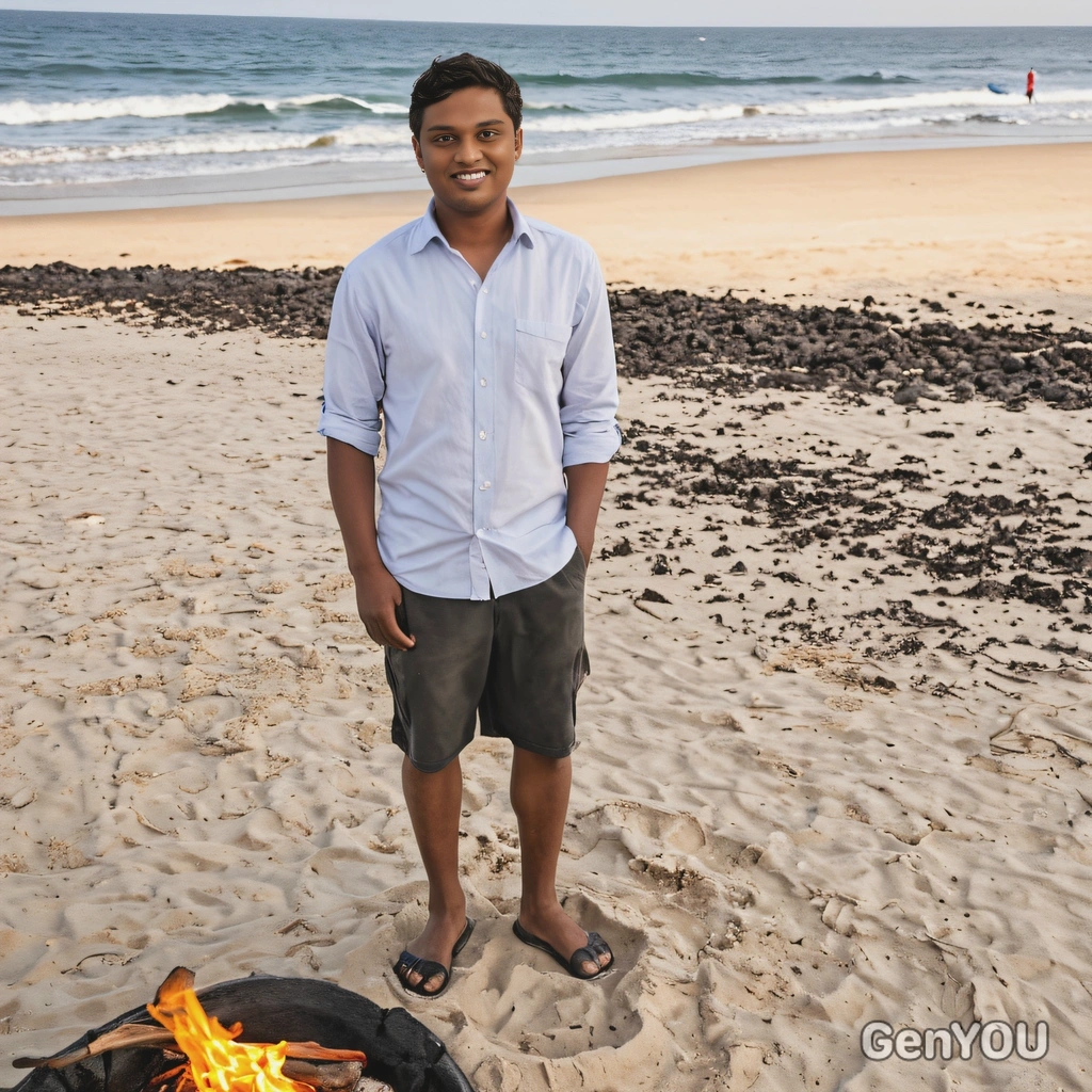 standing in the sand near a beach bonfire