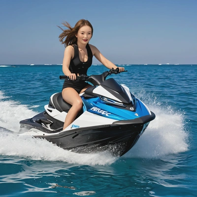 on a jet ski, speeding through clear blue water