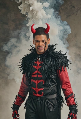  in a devil costume, with smoke swirling around