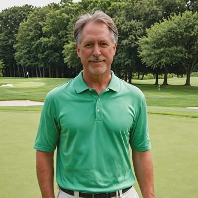 in casual summer attire on a lush green golf course, mid-shot photo 