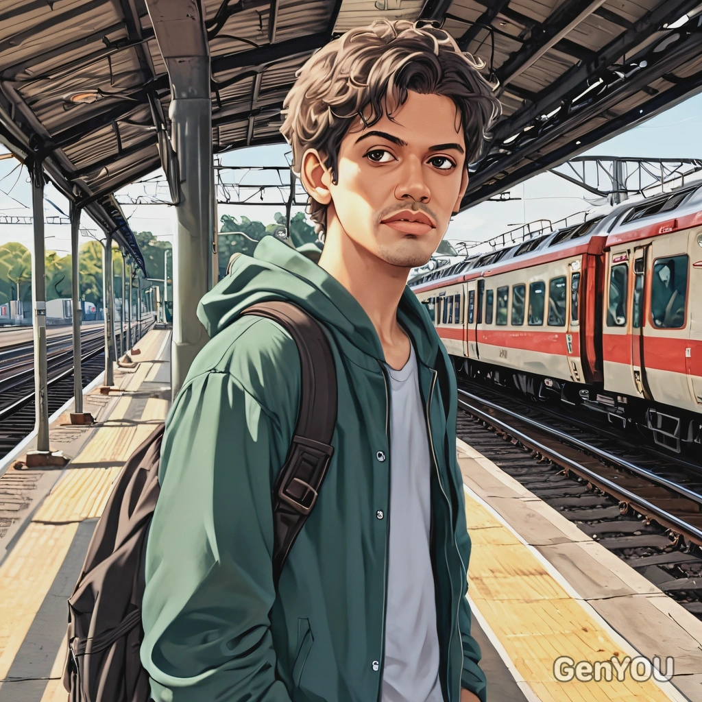 standing at a train station, waiting for the next train, anime style, big eyes, manga drawing