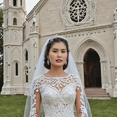 as the bride in a vintage-inspired wedding dress with intricate beadwork, standing in front of a historic church
