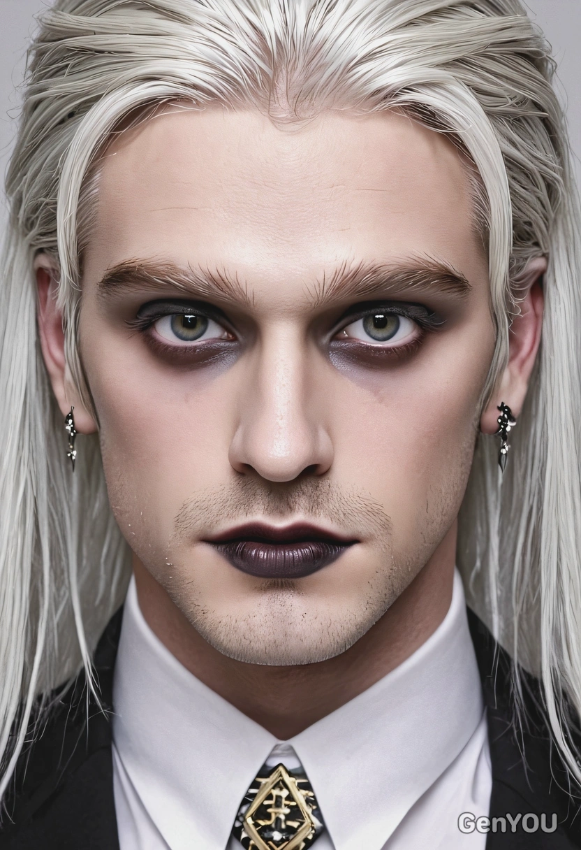 goth makeup, symmetry, long hair, crisp details, white eyes