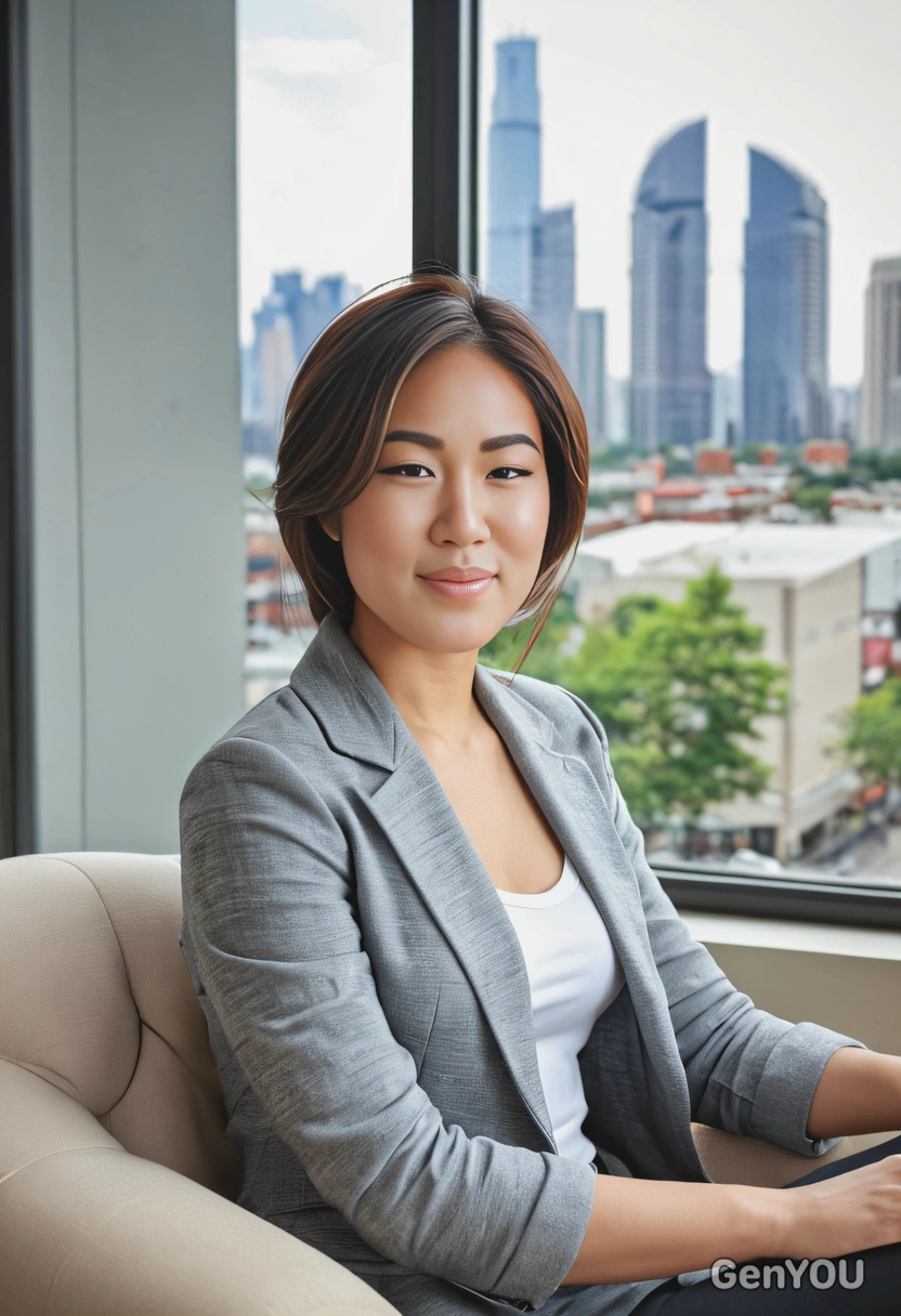 An executive, sitting back in armchair, casual outfit, city behind window, blurred background