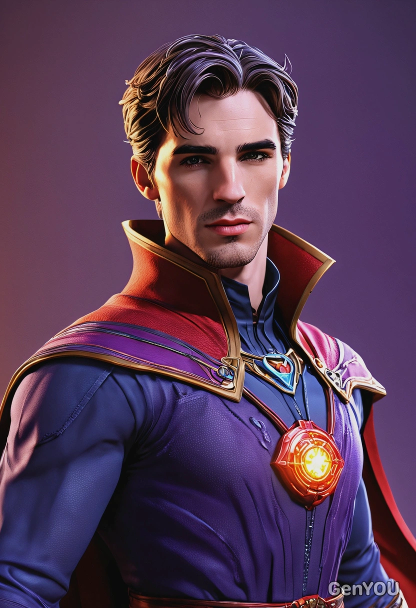 3D cel-shading comic book style, Doctor Strange from Marvel Rivals, detailed textures with vibrant colors, high-definition purple and red costume, glowing Time Stone on neck, confident expression, dynamic pose, waist-up frame, bright background with soft lighting