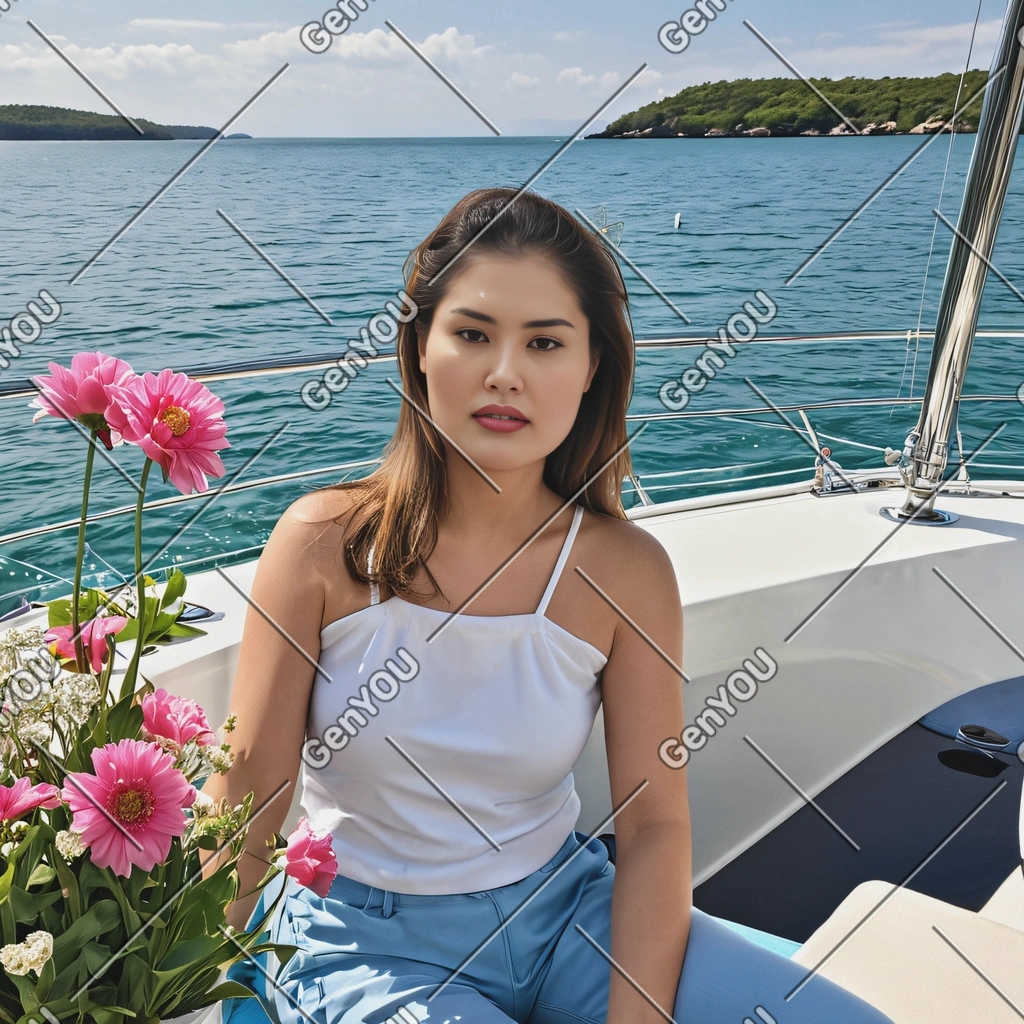 sitting on a yacht, with spring flowers and crystal-clear waters